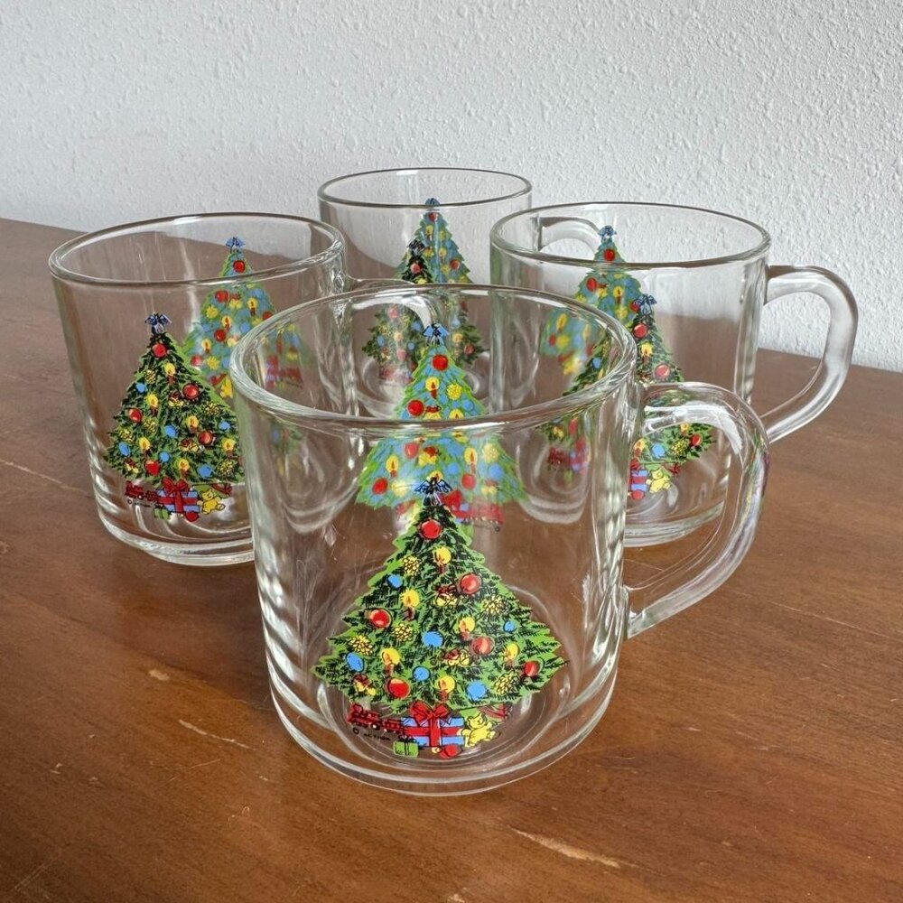 Set of 4 Vintage Luminarc Christmas Tree Mugs, Clear Glass Holiday Cups